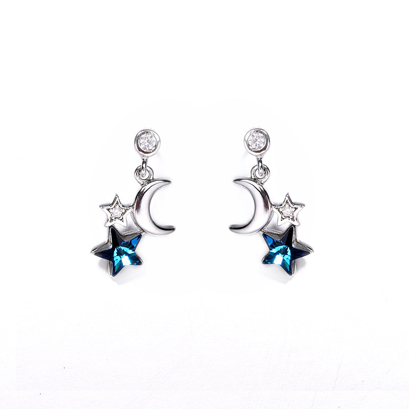 aretes plateados, aretes plateados de luna y estrellas, aretes de estrellas, aretes de luna, aretes plateados