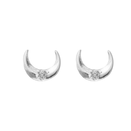 Aretes pegados en forma de luna con piedra plateados plata