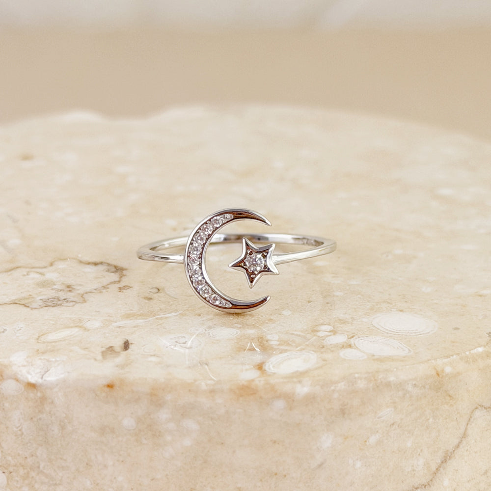 Anillo Luna y Estrella Regulable Plata
