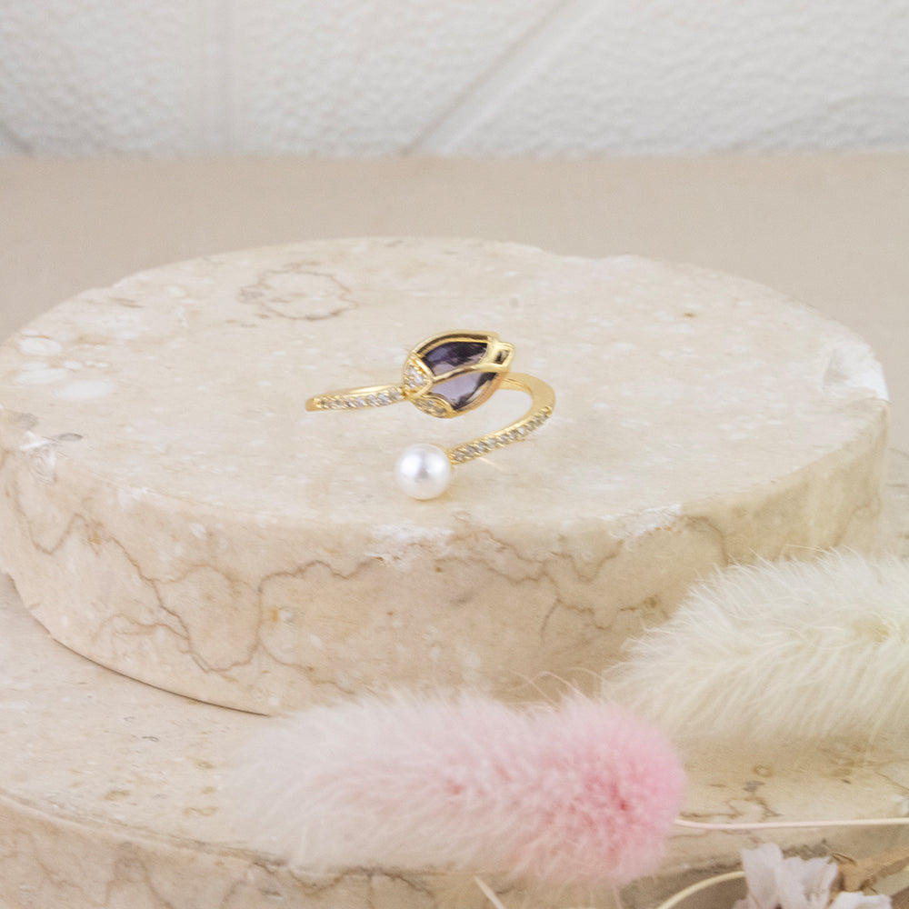 Anillo Tulipan Cristal Morado Dorado Acero