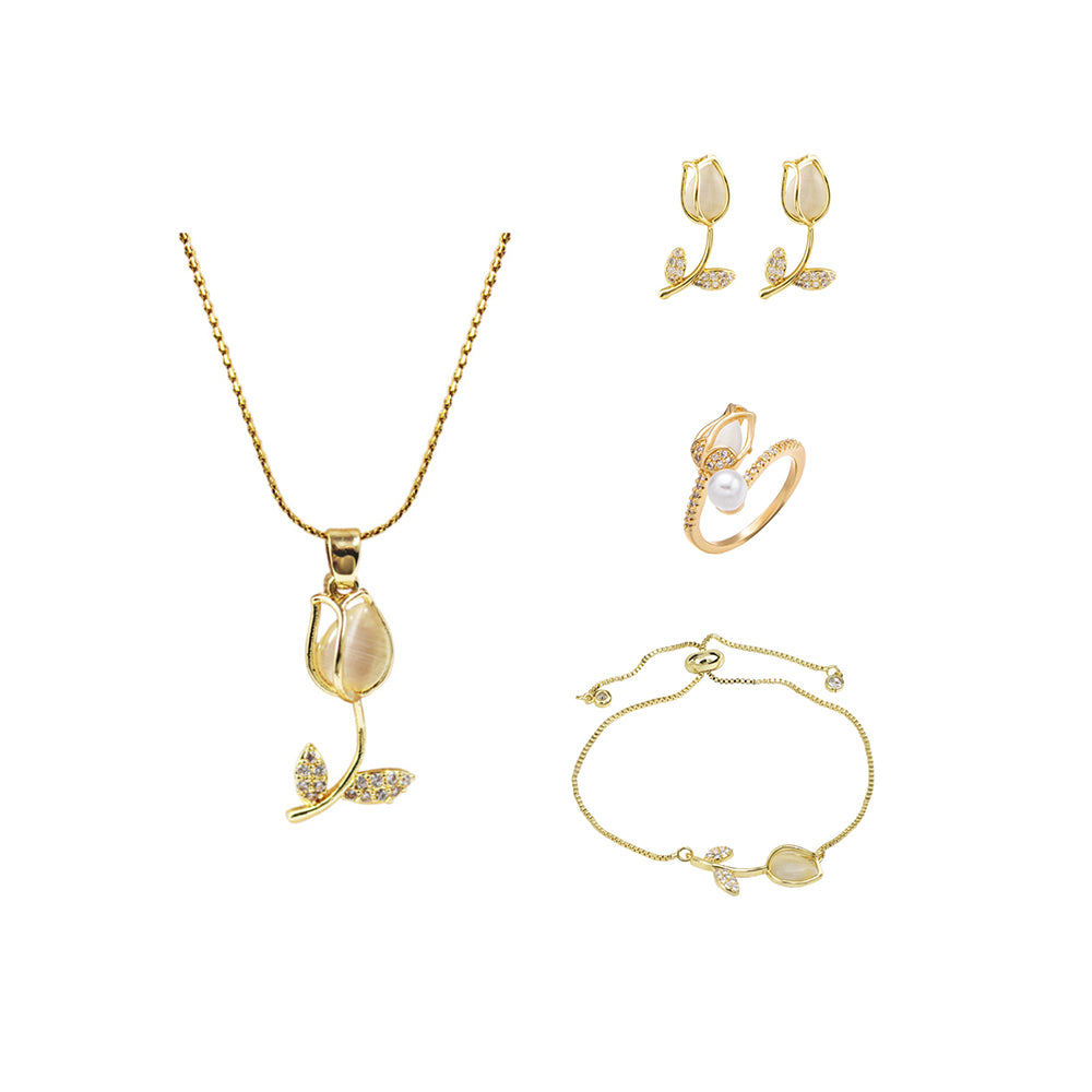 Box Premium Tulipan Blanco 4 piezas: Collar + Aretes + Pulsera y Anillo Tulipan Blanco