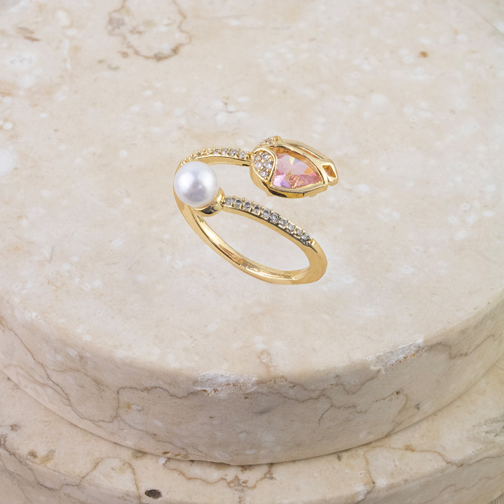 Anillo Tulipan Cristal Rosado Dorado Acero